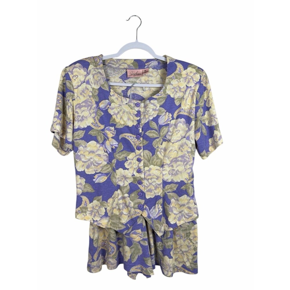 Vintage Jaclyn Smith Floral 2 Piece Short Set Medium Purple Yellow Cottagecore